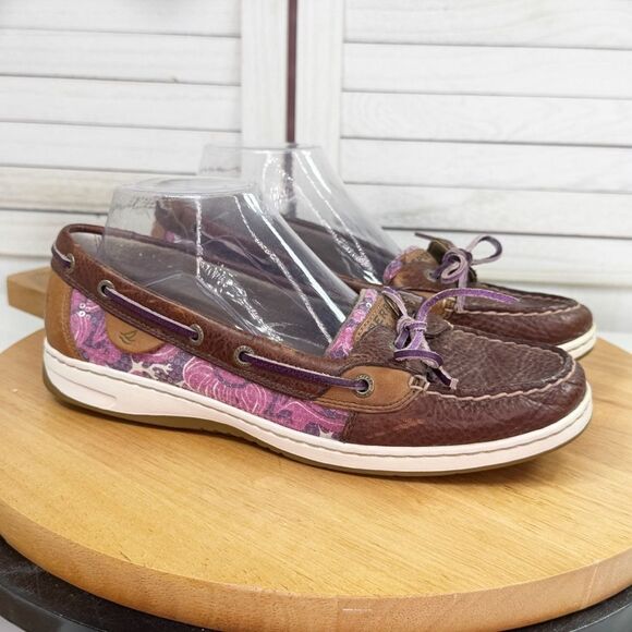 Sperry Angelfish Varsity Leather Floral Sequin Boat Shoe Purple Brown 9.5 - Picture 11 of 11
